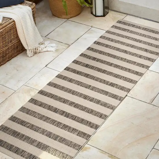 10' Beige And Brown Striped Indoor Outdoor Runner Rug Photo 4
