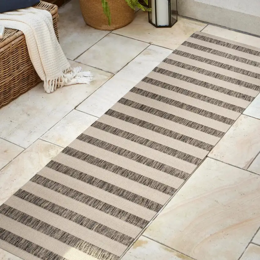 10' Beige And Brown Striped Indoor Outdoor Runner Rug Photo 4