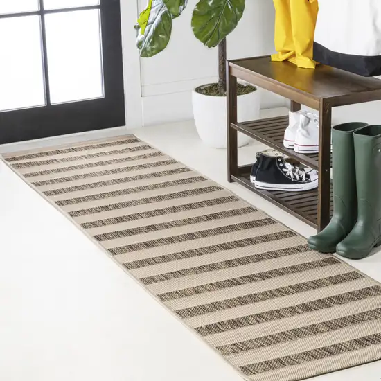 8' Beige And Brown Striped Indoor Outdoor Runner Rug Photo 4