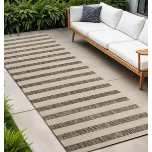 Photo of 8' Beige And Brown Striped Indoor Outdoor Runner Rug