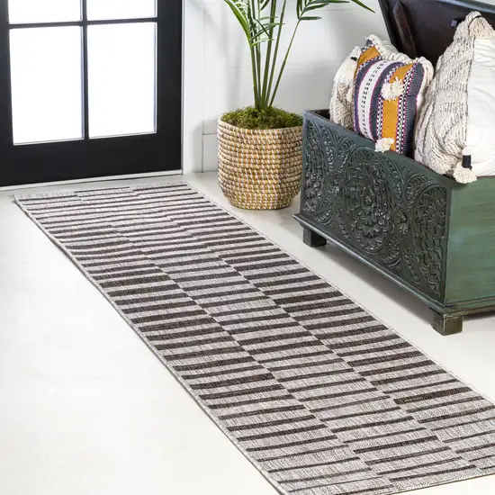10' Beige And Brown Striped Indoor Outdoor Runner Rug Photo 5