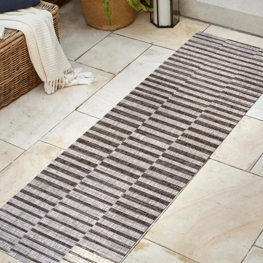 8' Beige And Brown Striped Indoor Outdoor Runner Rug Photo 5