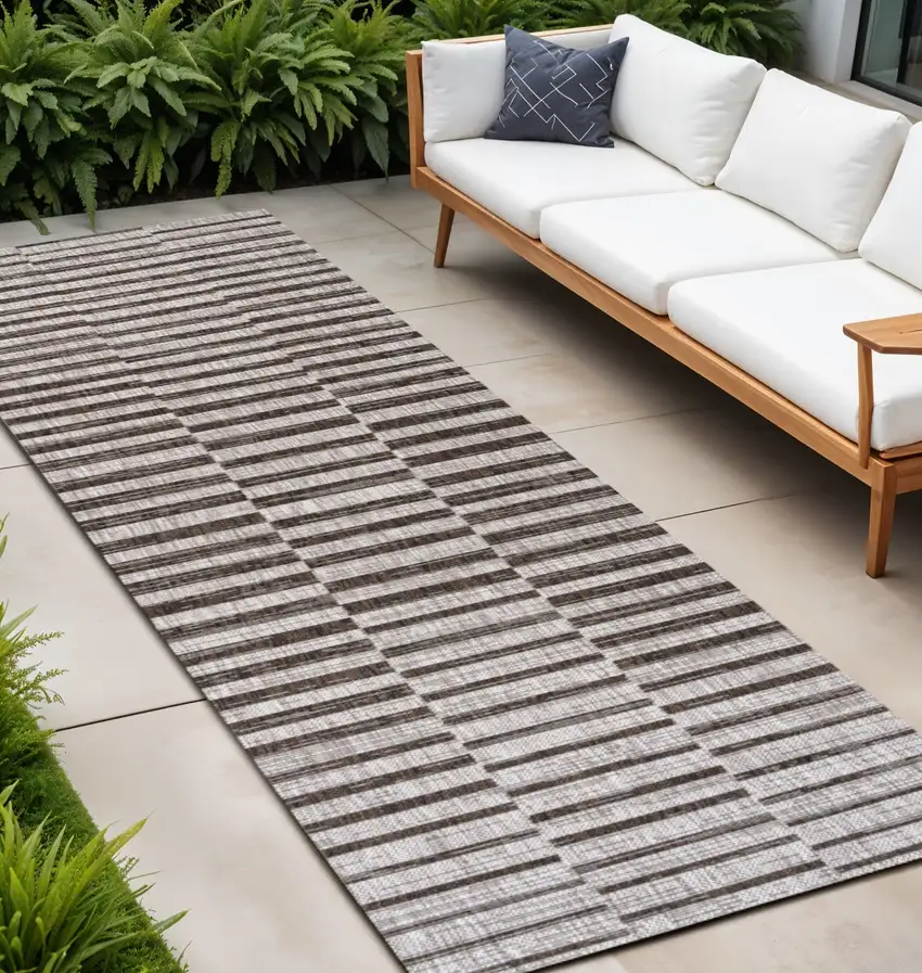8' Beige And Brown Striped Indoor Outdoor Runner Rug Photo 1