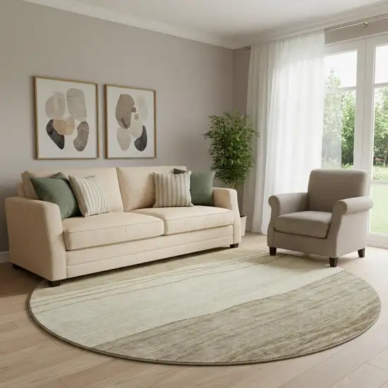 8' Beige And Brown Striped Washable Round Rug With UV Protection Photo 1