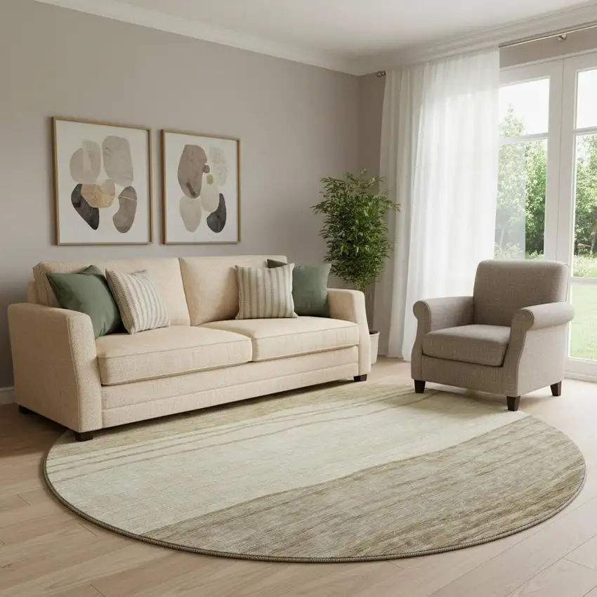 8' Beige And Brown Striped Washable Round Rug With UV Protection Photo 1