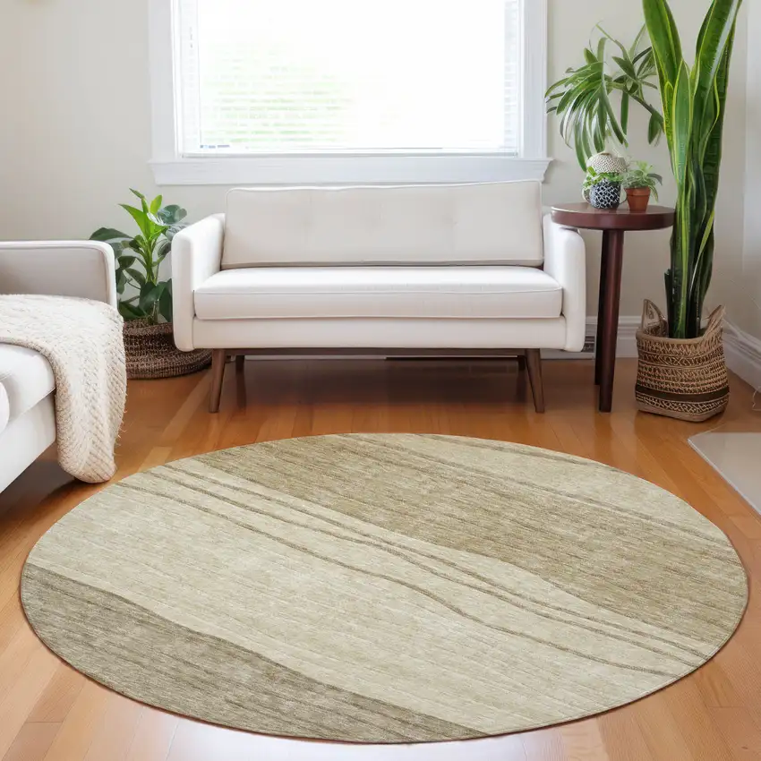 8' Beige And Brown Striped Washable Round Rug With UV Protection Photo 5