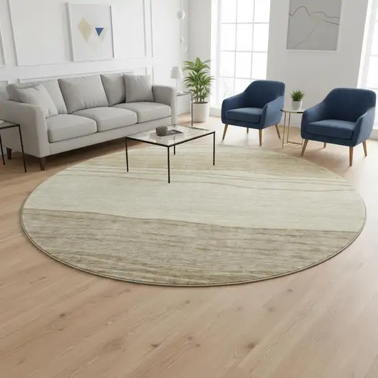 8' Beige And Brown Striped Washable Round Rug With UV Protection Photo 2