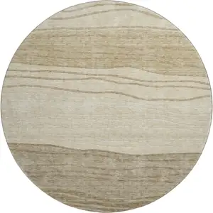 Photo of 8' Beige And Brown Striped Washable Round Rug With UV Protection
