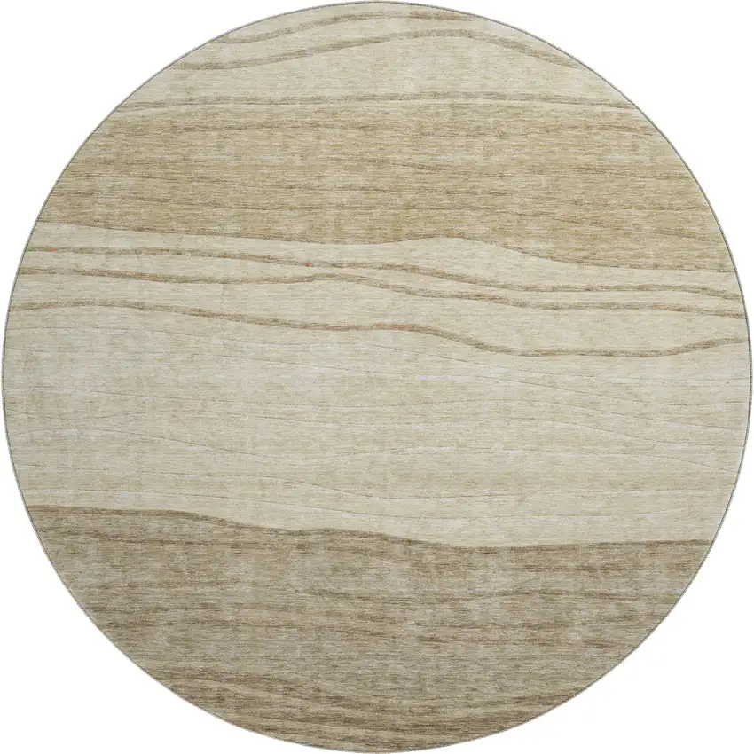 8' Beige And Brown Striped Washable Round Rug With UV Protection Photo 1