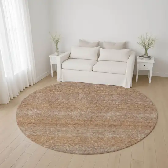 8' Beige And Brown Striped Washable Round Rug With UV Protection Photo 4