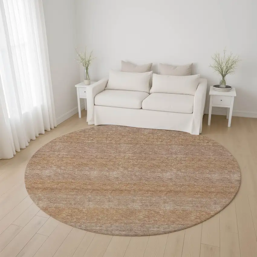 8' Beige And Brown Striped Washable Round Rug With UV Protection Photo 4