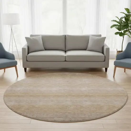 8' Beige And Brown Striped Washable Round Rug With UV Protection Photo 2