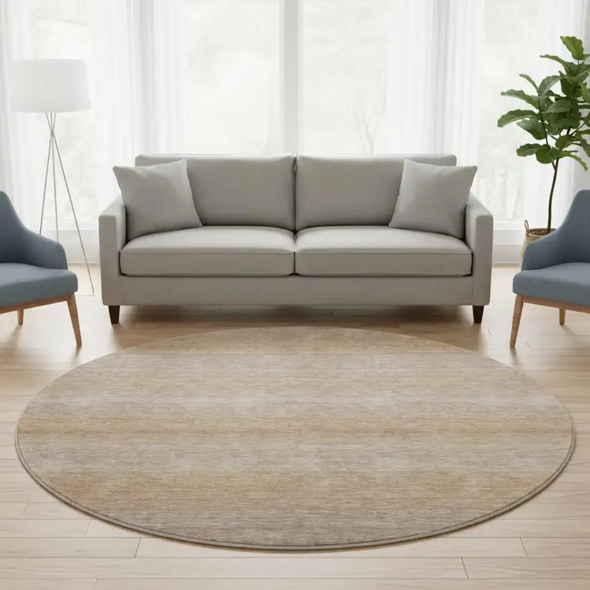 8' Beige And Brown Striped Washable Round Rug With UV Protection Photo 2