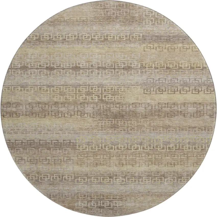 8' Beige And Brown Striped Washable Round Rug With UV Protection Photo 1