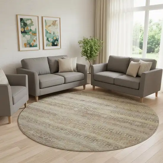 8' Beige And Brown Striped Washable Round Rug With UV Protection Photo 2