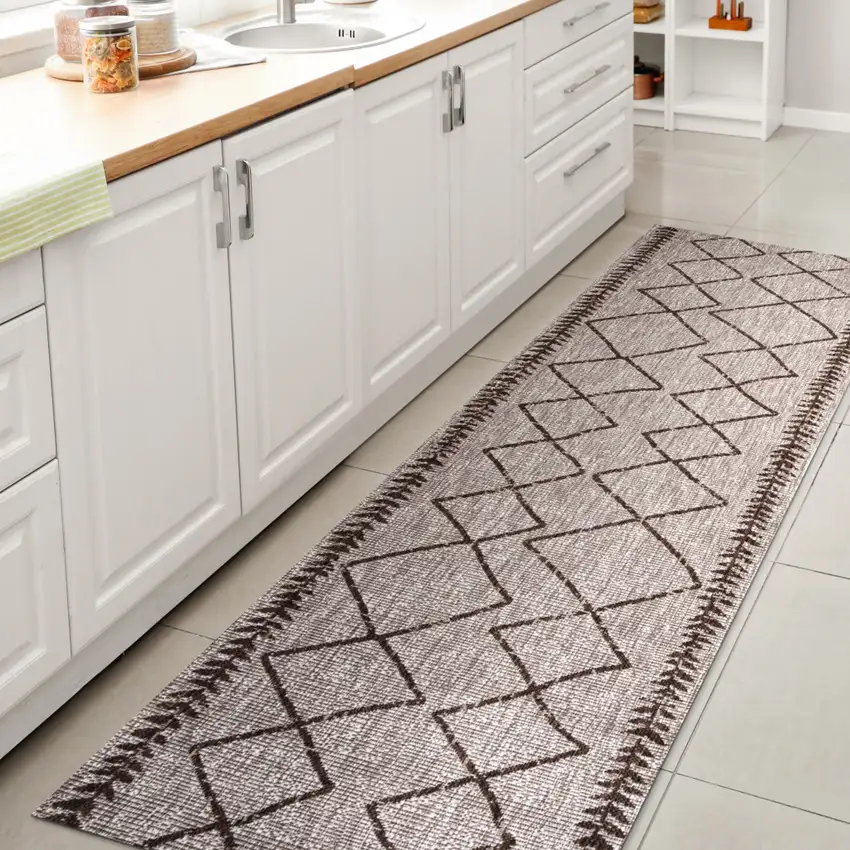 10' Beige And Brown Trellis Indoor Outdoor Runner Rug Photo 6