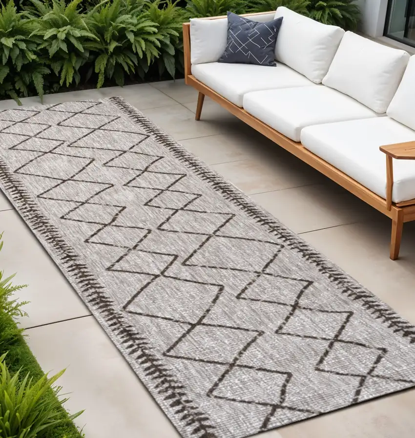 8' Beige And Brown Trellis Indoor Outdoor Runner Rug Photo 1