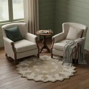 Photo of 6' Beige And Brown Wool Medallion Hand Tufted Round Rug