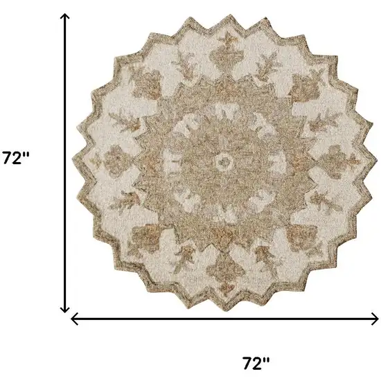 6' Beige And Brown Wool Medallion Hand Tufted Round Rug Photo 3