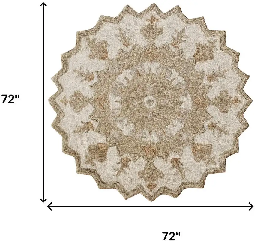 6' Beige And Brown Wool Medallion Hand Tufted Round Rug Photo 3