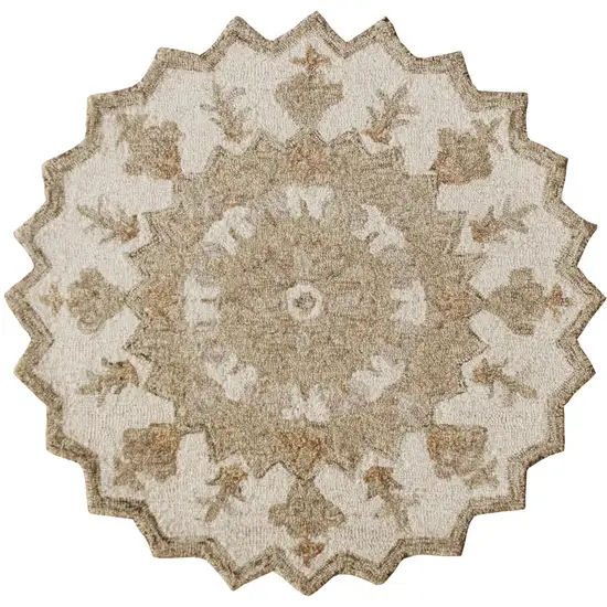 6' Beige And Brown Wool Medallion Hand Tufted Round Rug Photo 2