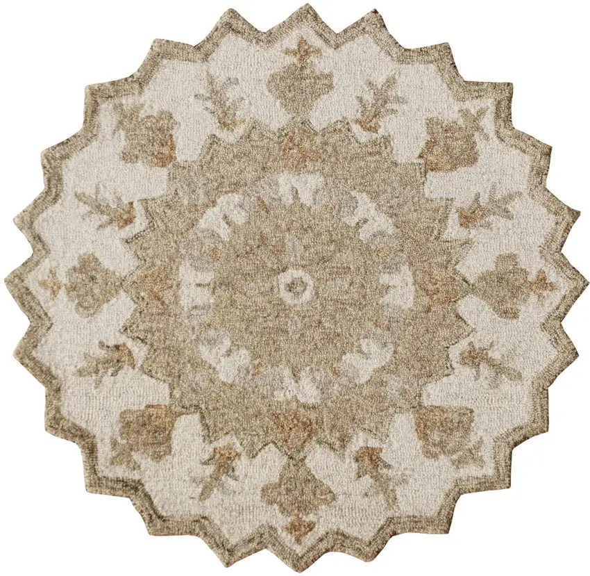 6' Beige And Brown Wool Medallion Hand Tufted Round Rug Photo 2