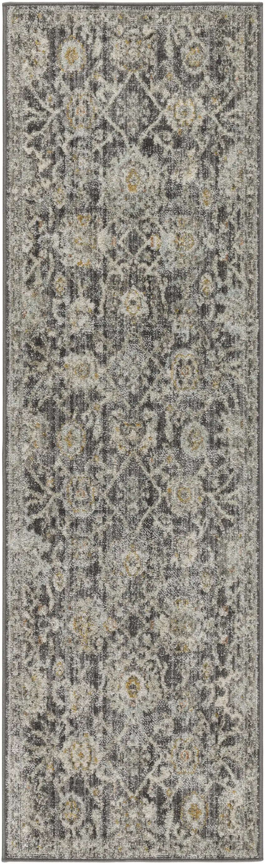 8' Beige And Charcoal Floral Distressed Runner Rug Photo 5