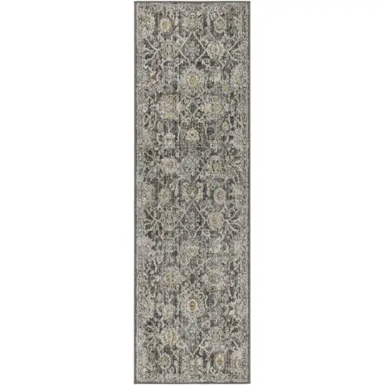 8' Beige And Charcoal Floral Distressed Runner Rug Photo 5