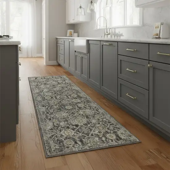 8' Beige And Charcoal Floral Distressed Runner Rug Photo 1