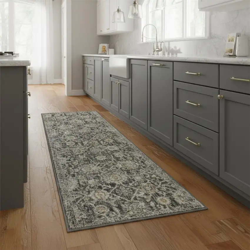 8' Beige And Charcoal Floral Distressed Runner Rug Photo 1