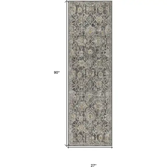 8' Beige And Charcoal Floral Distressed Runner Rug Photo 3