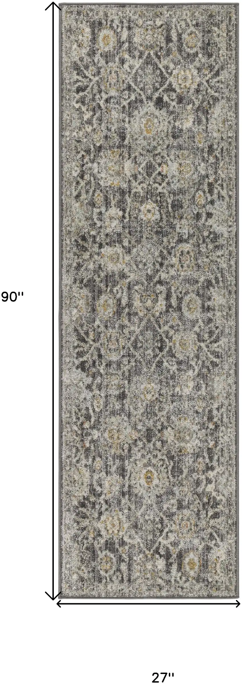 8' Beige And Charcoal Floral Distressed Runner Rug Photo 3