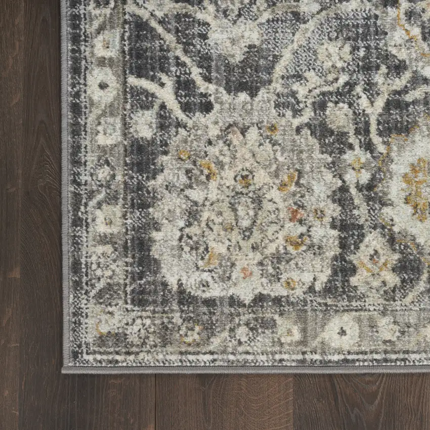 8' Beige And Charcoal Floral Distressed Runner Rug Photo 9