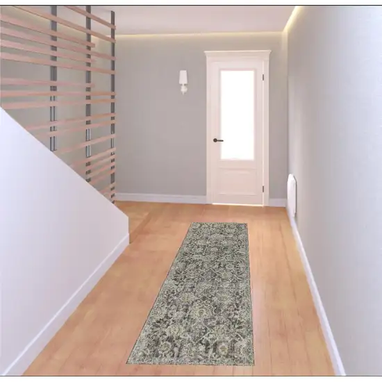 8' Beige And Charcoal Floral Distressed Runner Rug Photo 1