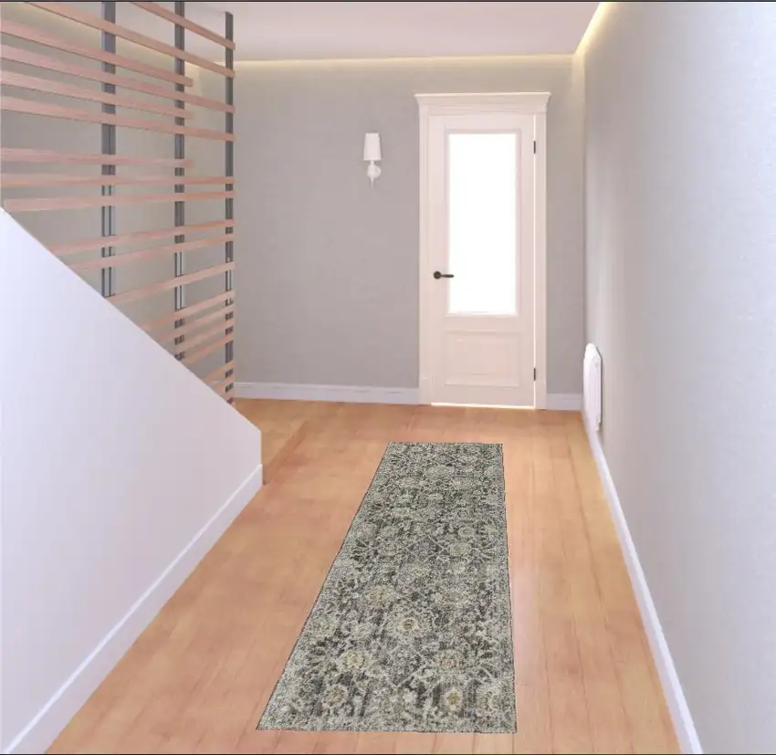 8' Beige And Charcoal Floral Distressed Runner Rug Photo 1