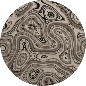 Photo of 8' Beige And Charcoal Geometric Washable Round Rug With UV Protection