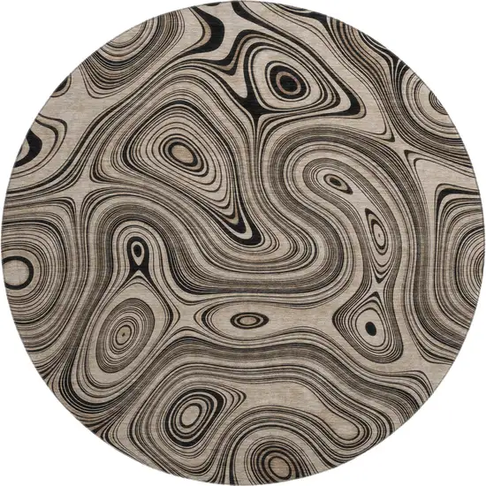 8' Beige And Charcoal Geometric Washable Round Rug With UV Protection Photo 1