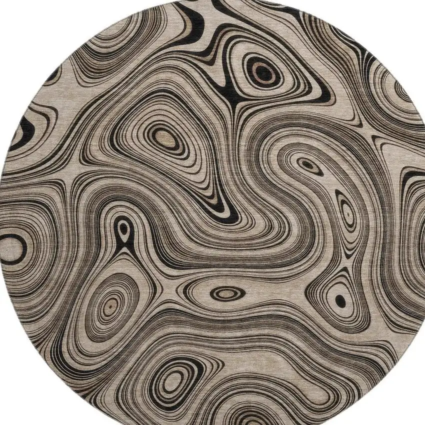 8' Beige And Charcoal Geometric Washable Round Rug With UV Protection Photo 4