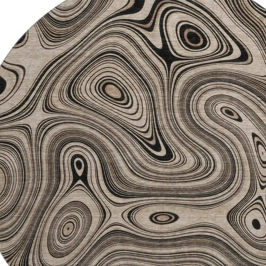 8' Beige And Charcoal Geometric Washable Round Rug With UV Protection Photo 3