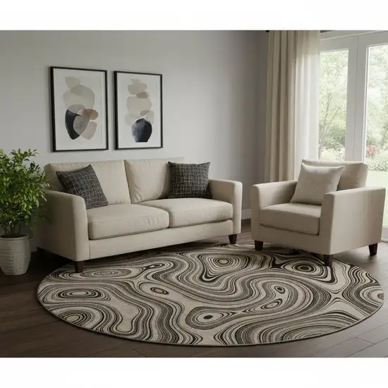 8' Beige And Charcoal Geometric Washable Round Rug With UV Protection Photo 2
