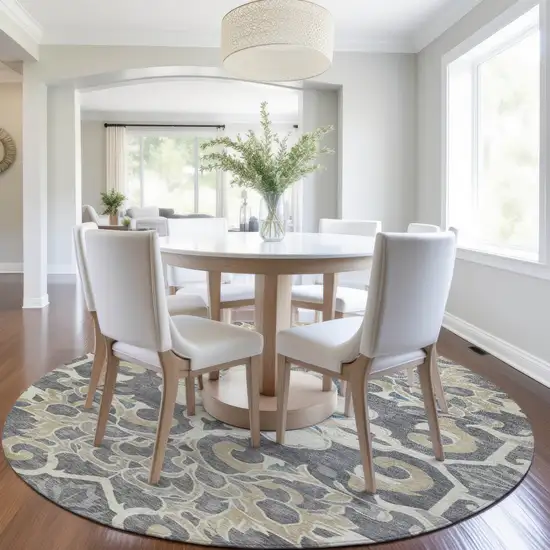 8' Beige And Charcoal Round Damask Washable Indoor Outdoor Area Rug Photo 6