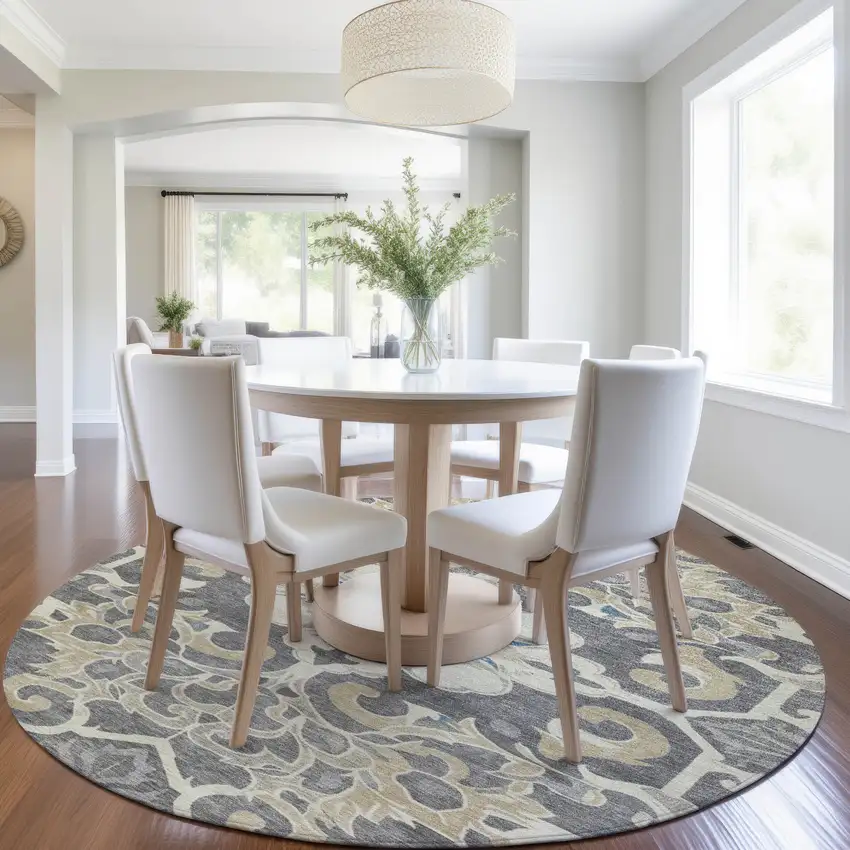 8' Beige And Charcoal Round Damask Washable Indoor Outdoor Area Rug Photo 6