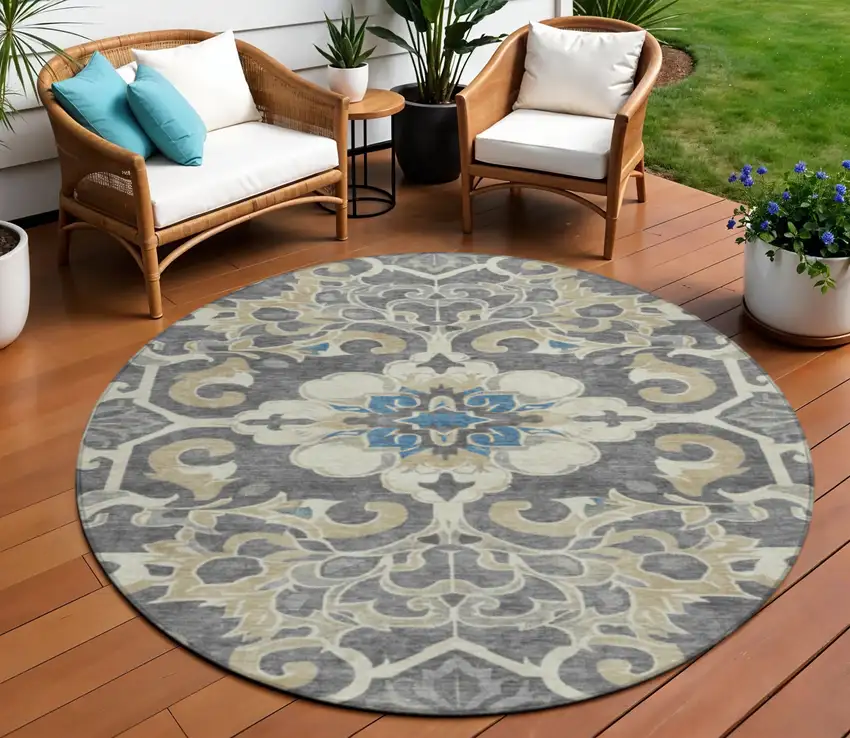 8' Beige And Charcoal Round Damask Washable Indoor Outdoor Area Rug Photo 2
