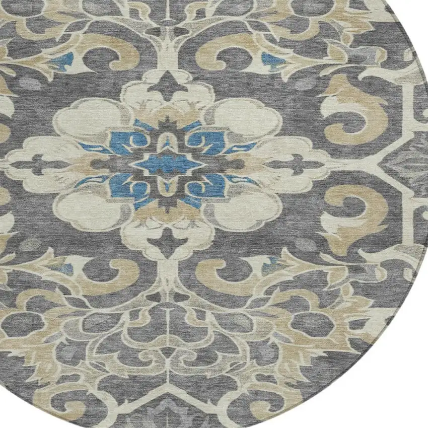 8' Beige And Charcoal Round Damask Washable Indoor Outdoor Area Rug Photo 8
