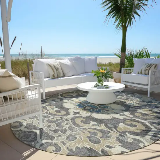 8' Beige And Charcoal Round Damask Washable Indoor Outdoor Area Rug Photo 5