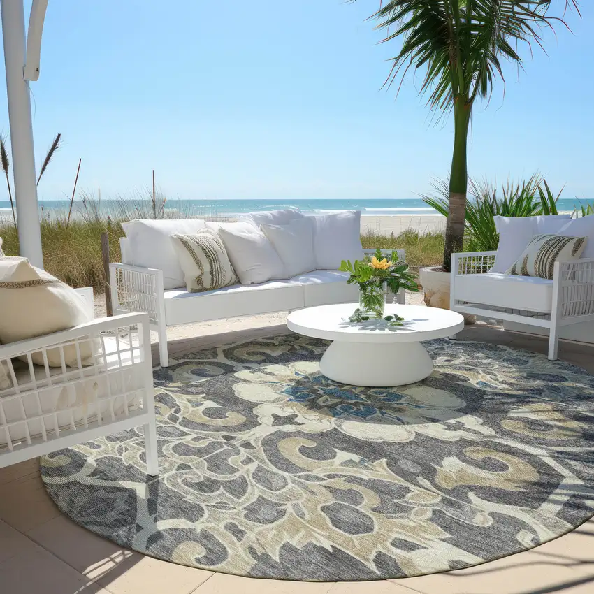 8' Beige And Charcoal Round Damask Washable Indoor Outdoor Area Rug Photo 5