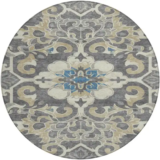 8' Beige And Charcoal Round Damask Washable Indoor Outdoor Area Rug Photo 1