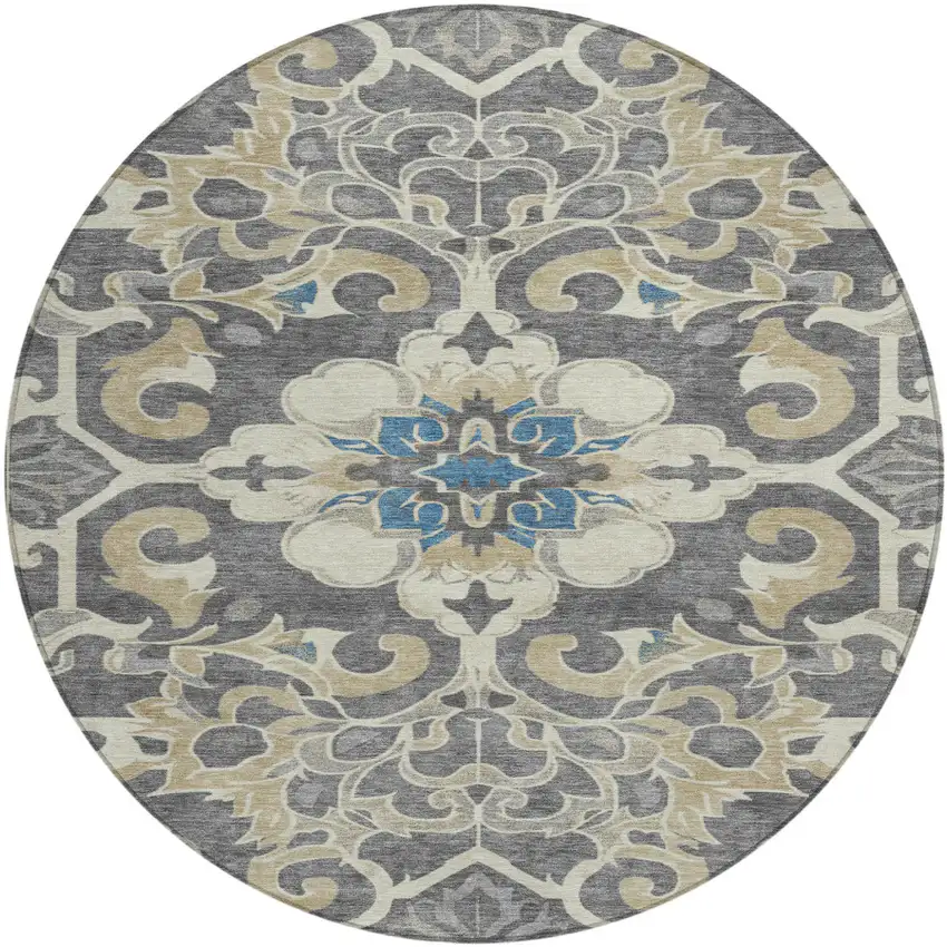 8' Beige And Charcoal Round Damask Washable Indoor Outdoor Area Rug Photo 1