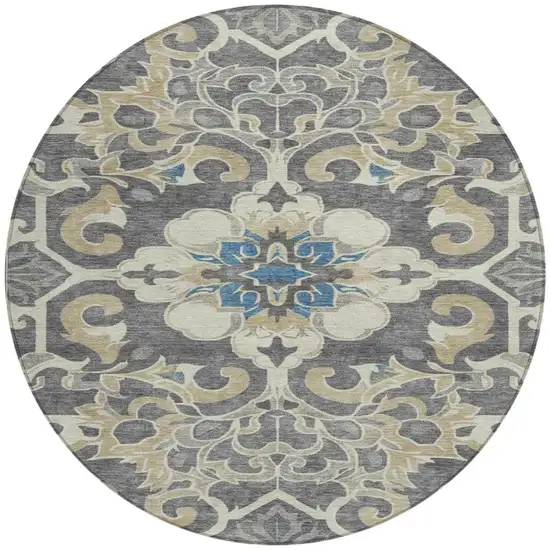 8' Beige And Charcoal Round Damask Washable Indoor Outdoor Area Rug Photo 3