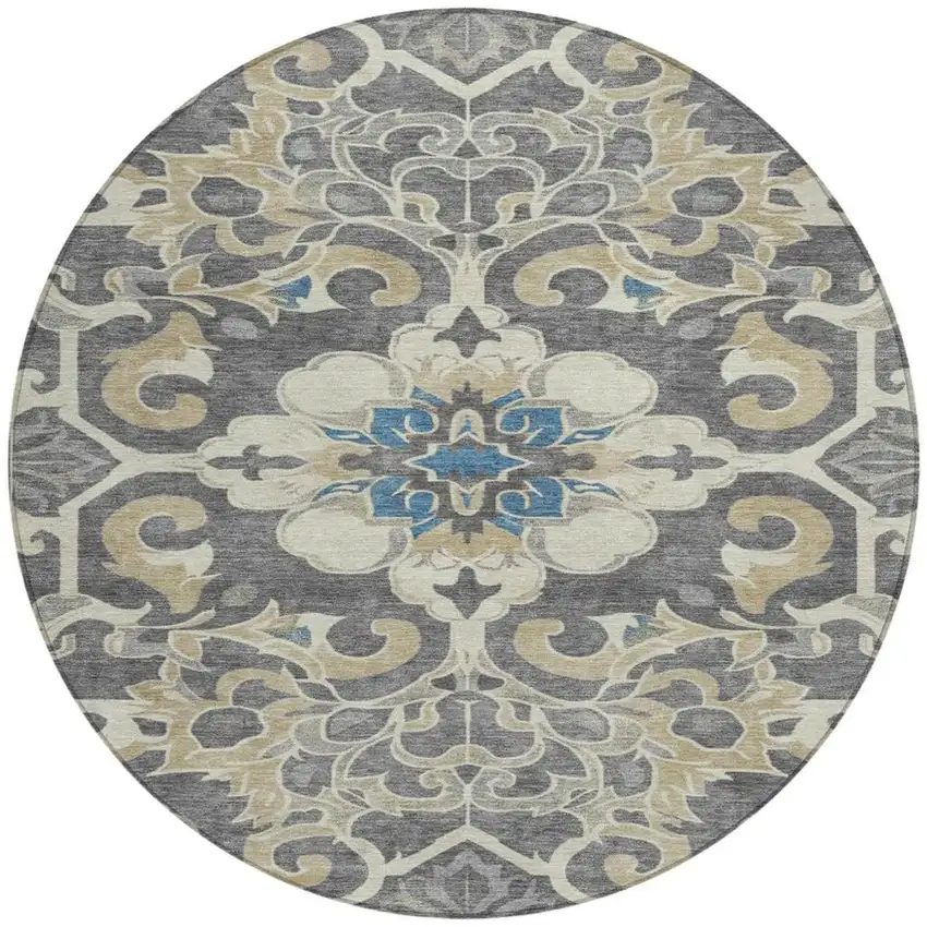 8' Beige And Charcoal Round Damask Washable Indoor Outdoor Area Rug Photo 3